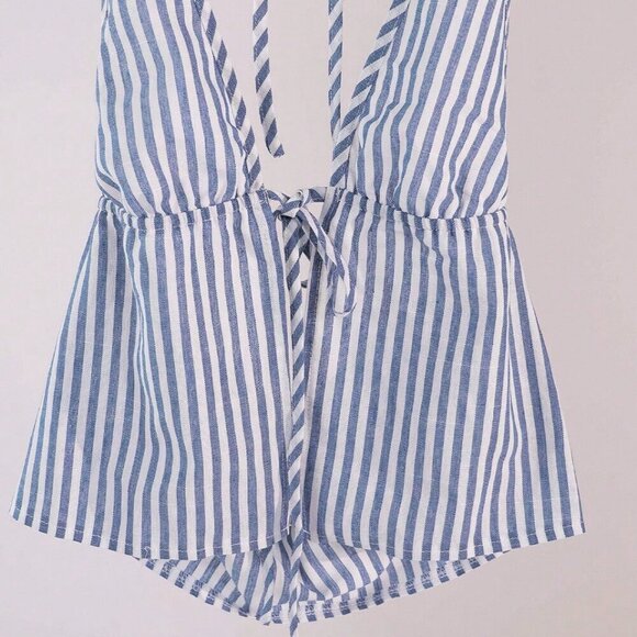 Blue white Casual Women's Striped Halter Neck Tie Cami Top - Picture 6 of 8